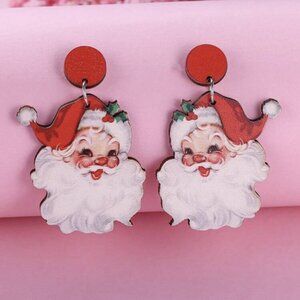 Sweet Style Wooden Red Christmas Hat Santa Earrings for women